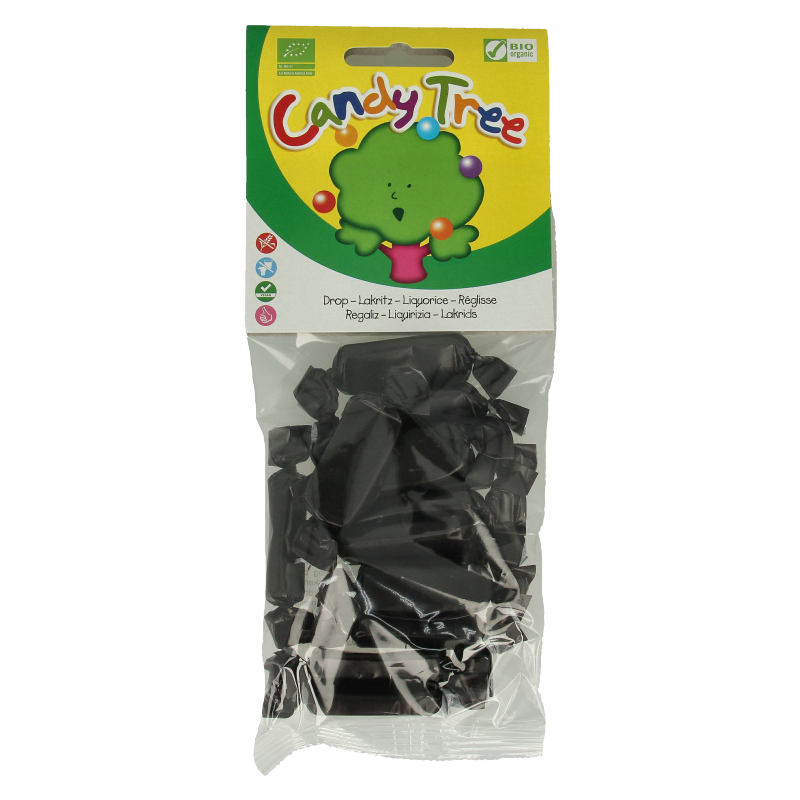 Candy Tree Droptoffees bio, organic snoepgoed in a 75 gram package, showing colorful candies and the product packaging.
