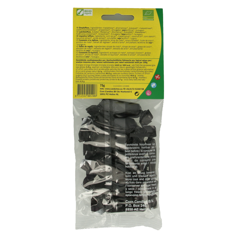 Candy Tree Droptoffees bio snoepgoed in 75g package, colorful fruit-flavored candy drops on a white background.