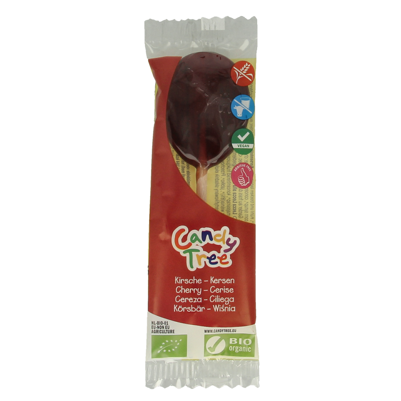Candy Tree Kersen bio lollie, natural cherry-flavored candy in a single stick, colorful and appealing snoepgoed treat.