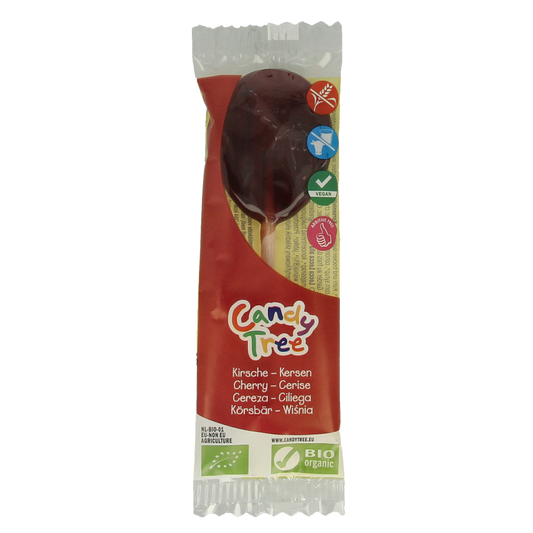 Candy Tree Kersen bio lollie, natural cherry-flavored candy in a single stick, colorful and appealing snoepgoed treat.