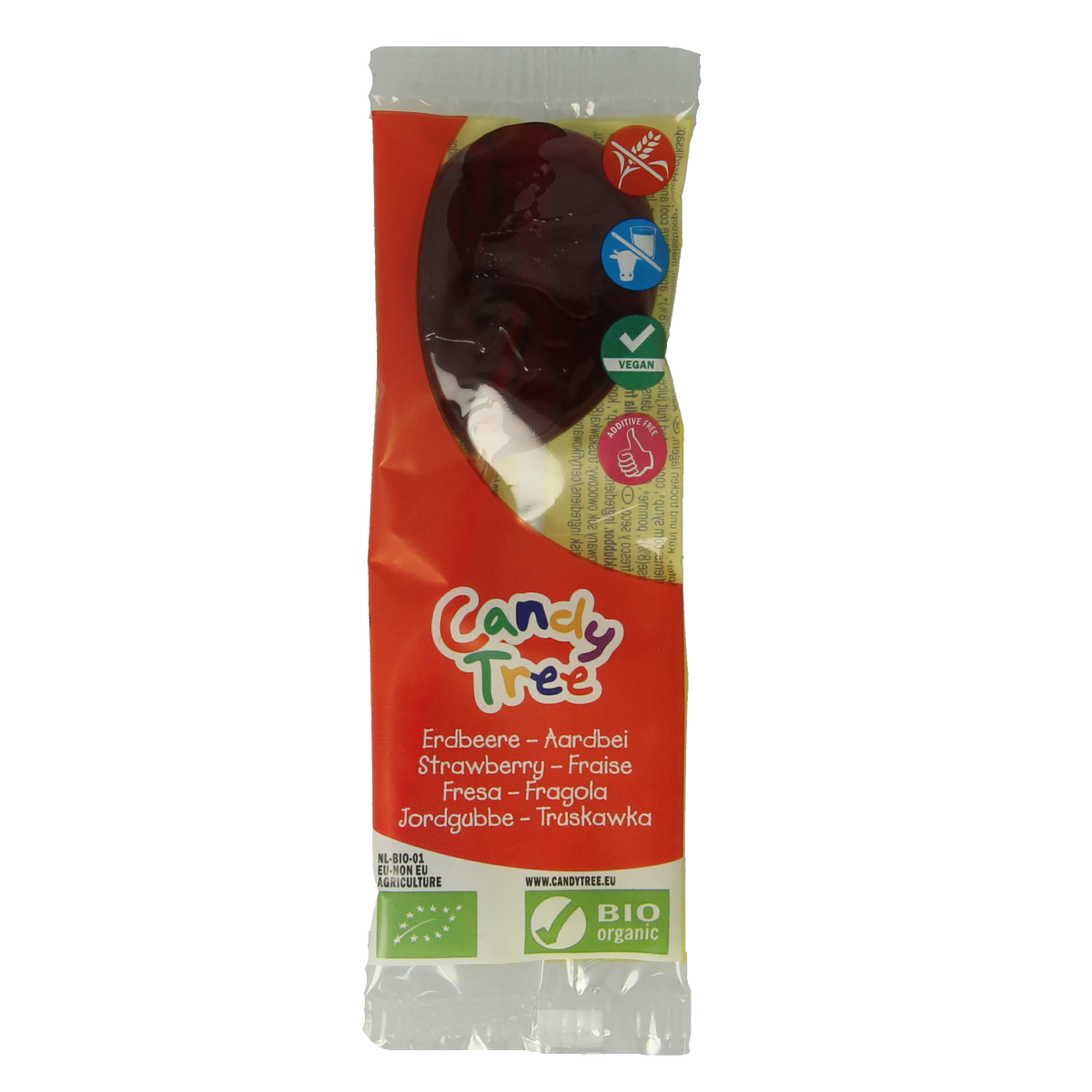 Candy Tree Aardbei bio lollie, natural strawberry-flavored candy on a stick, packaged individually.