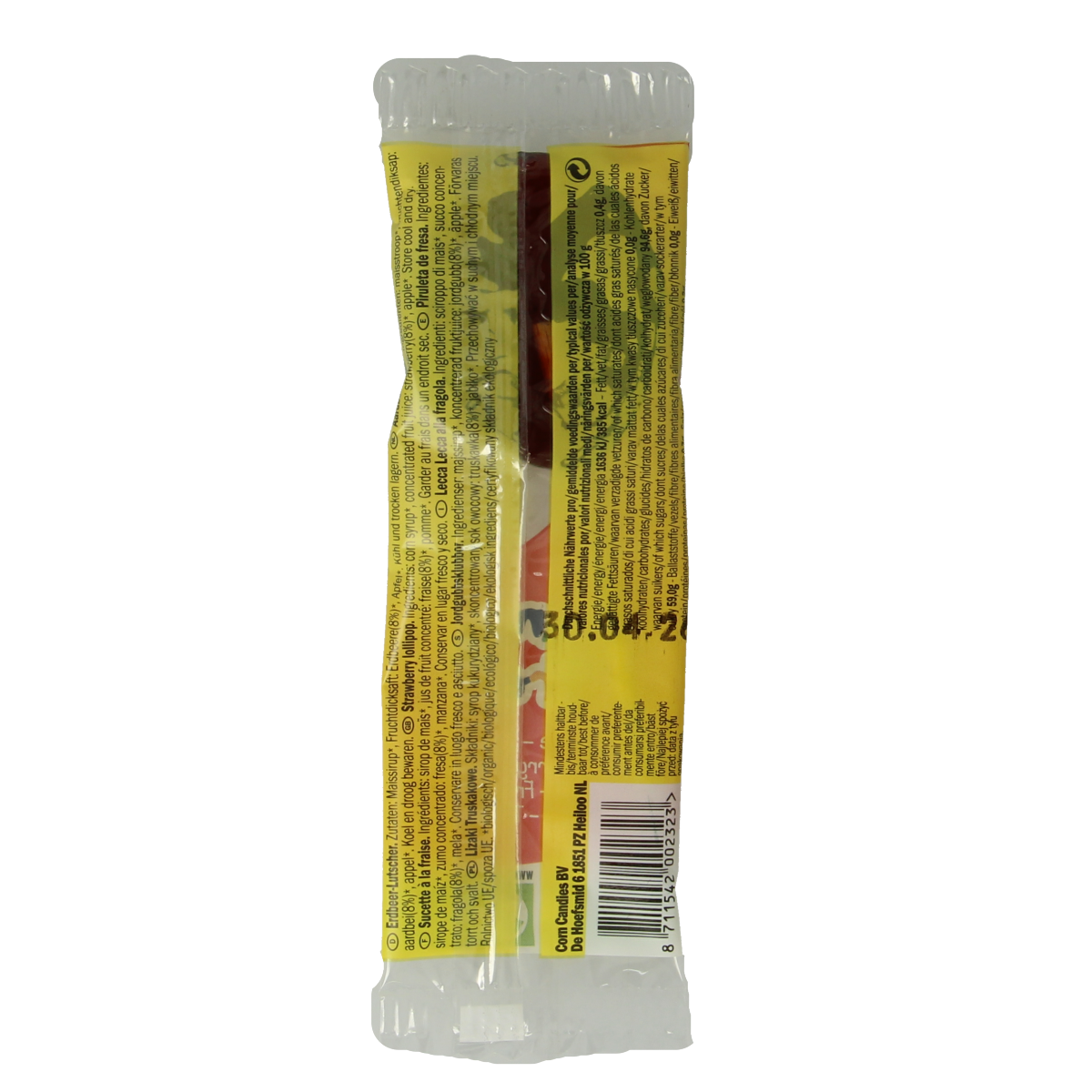Candy Tree Aardbei bio lollie, natural strawberry-flavored candy on a stick, packaged in a clear wrapper.