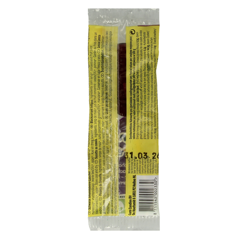 Candy Tree Cassis bio lollie, natural blackcurrant flavored candy, showing a single organic candy lollipop from the front.