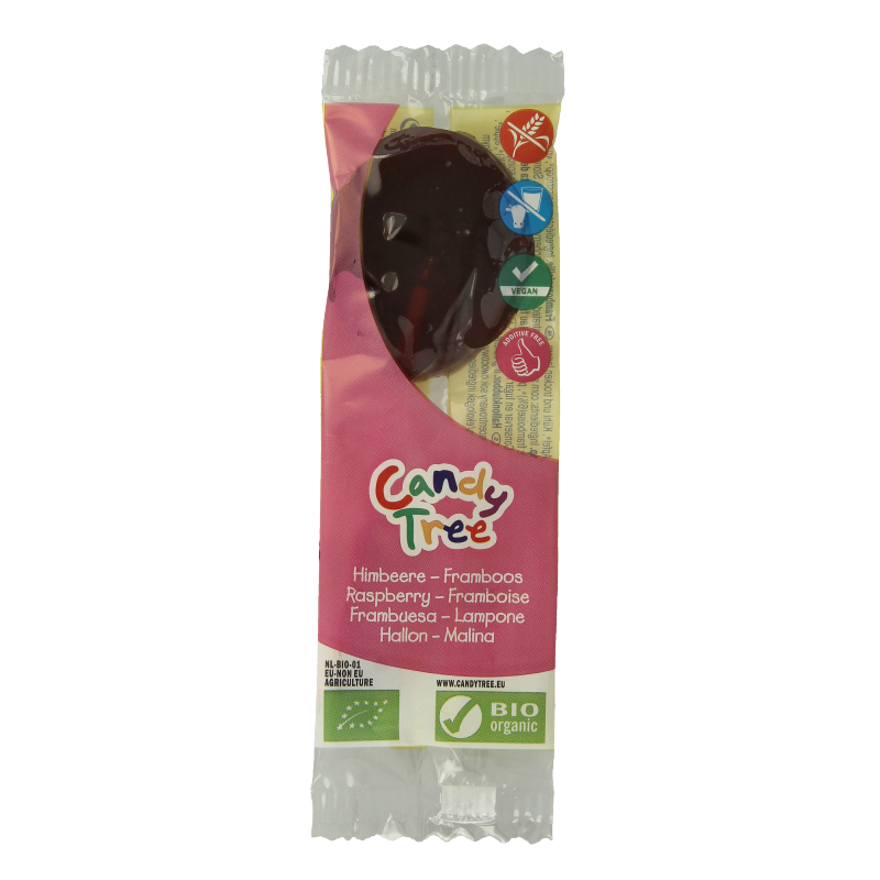 Candy Tree Frambozen bio lollie, raspberry-flavored organic candy on a stick, with colorful packaging and raspberry images.