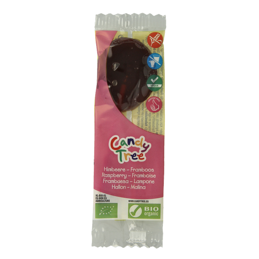 Candy Tree Frambozen bio lollie, raspberry-flavored organic candy on a stick, with colorful packaging and raspberry images.
