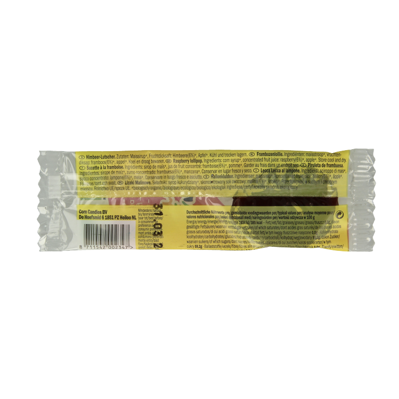 Candy Tree Frambozen bio lollie, a raspberry-flavored organic candy lollipop, shown in colorful packaging.