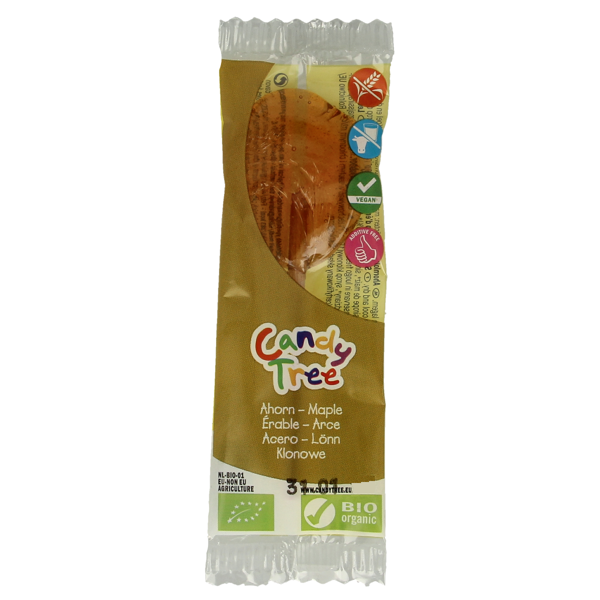 Candy Tree Ahorn lollie bio, natural maple-flavored candy lollipop from Candy Tree, shown in close-up image.