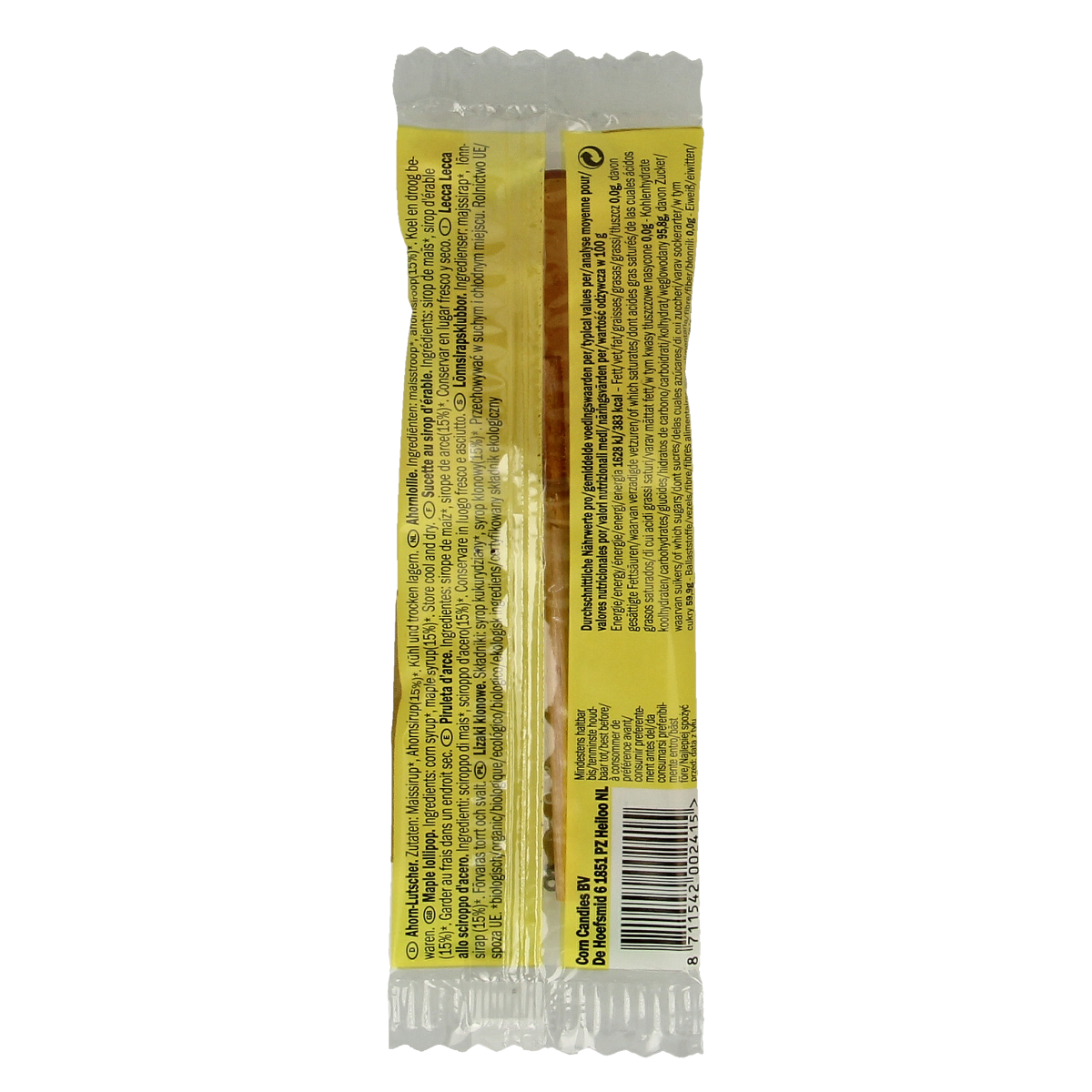 Candy Tree Ahorn lollie bio, a natural maple-flavored candy lollipop from Candy Tree, shown in its packaging.