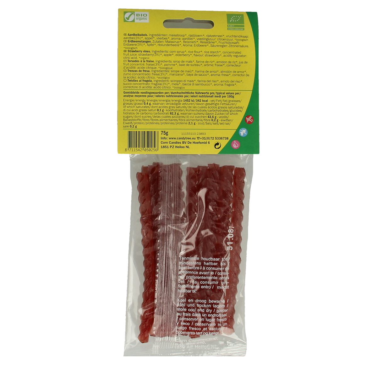 Candy Tree Aardbeikabels bio, 75g, organic strawberry-flavored chewy candy with colorful strawberry shapes.
