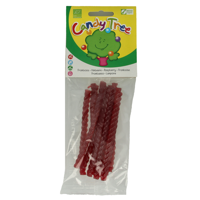 Candy Tree Frambooskabels bio, 75g organic raspberry-flavored candy ropes shown in colorful packaging