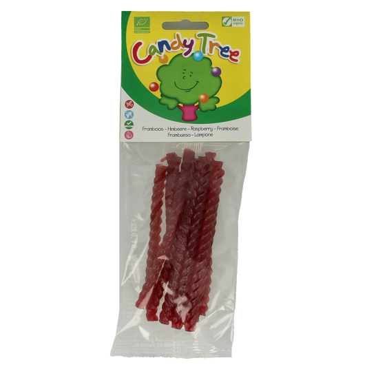 Candy Tree Frambooskabels bio, 75g organic raspberry-flavored candy ropes shown in colorful packaging