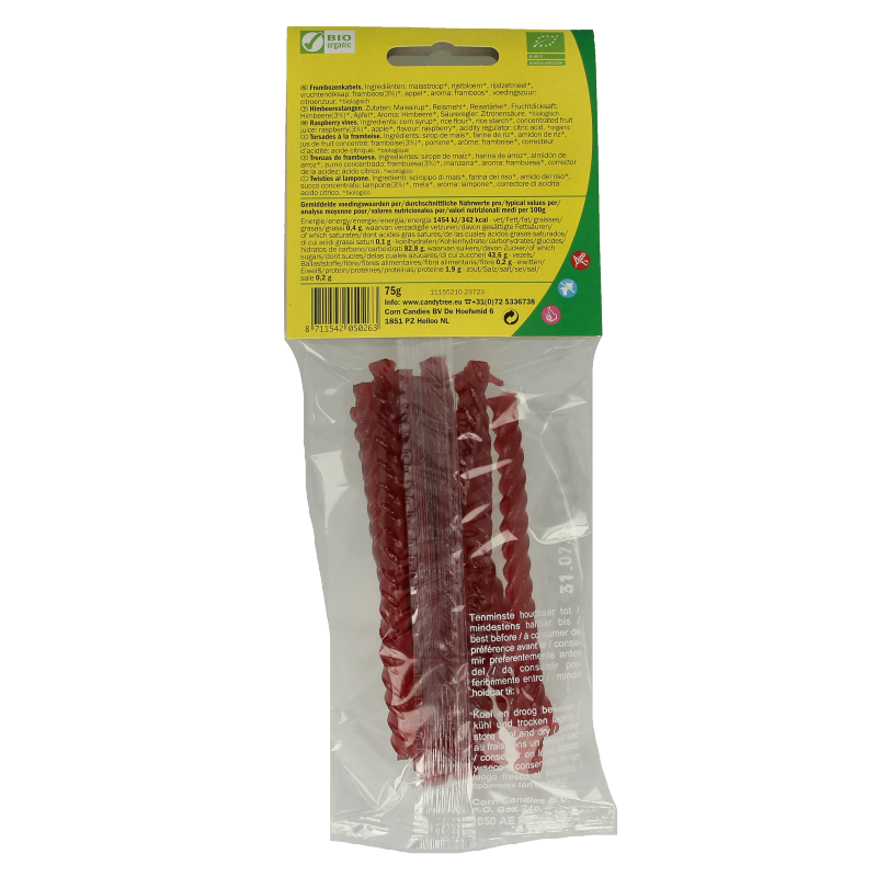 Bio Candy Tree Frambooskabels, 75g, colorful raspberry-flavored chewy candies on a white background.
