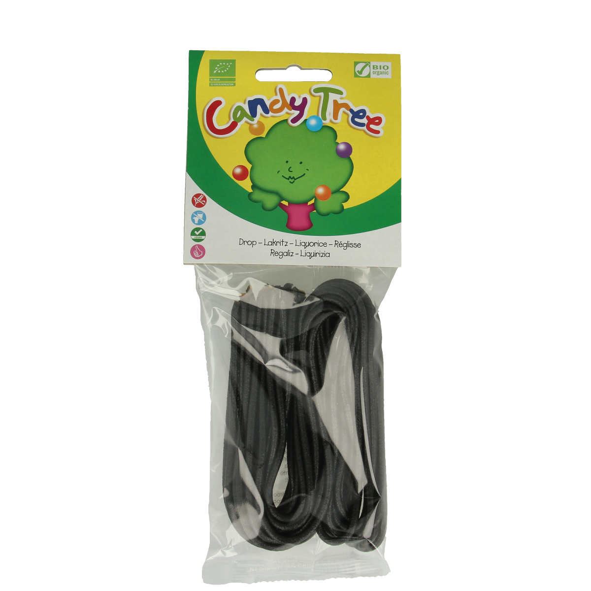 Gluten-free bio Candy Tree Dropveters candy, 100g package, colorful gummy sweet treats on a white background.