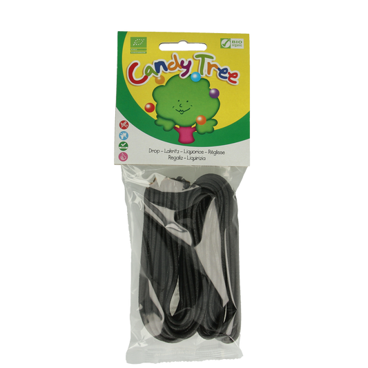 Gluten-free bio Candy Tree Dropveters candy, 100g package, colorful gummy sweet treats on a white background.