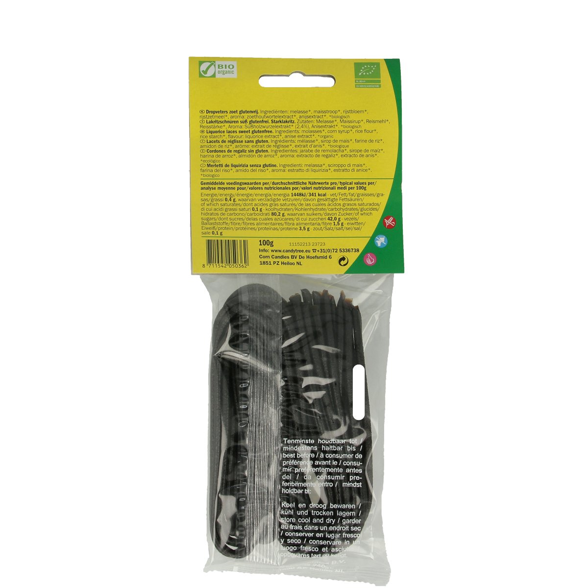 Gluten-free bio Candy Tree Dropveters candy in 100g package, colorful chewy vegan gummy sweets.