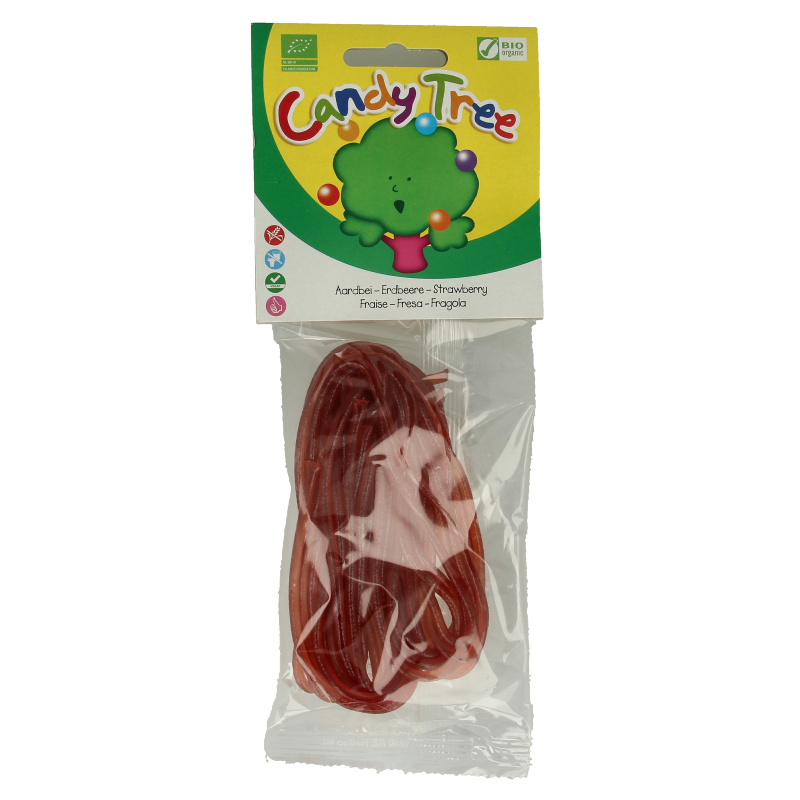 Candy Tree organic strawberry-flavored candy in a 75g package, colorful snoepgoed with strawberry design.