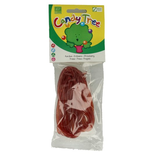 Candy Tree organic strawberry-flavored candy in a 75g package, colorful snoepgoed with strawberry design.