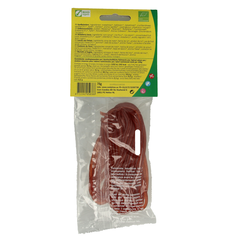 Candy Tree bio strawberry-flavored candy tree, 75 grams, showcasing colorful natural fruit-shaped sweets in a clear bag.