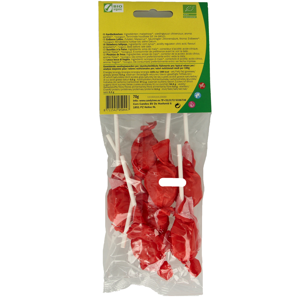 Candy Tree bio strawberry-flavored Aardbeiknotsen candy, 7-piece pack, colorful soft chewy snoepgoed on a white background.