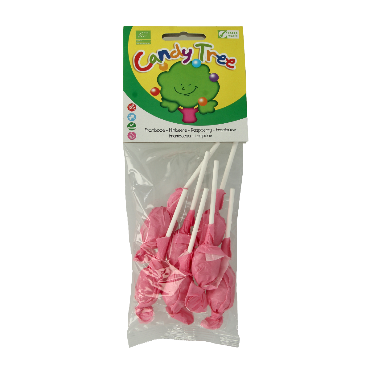 Candy Tree Frambozenknotsen bio organic raspberry candies in a clear bag, showing vibrant red raspberry-flavored snoepgoed