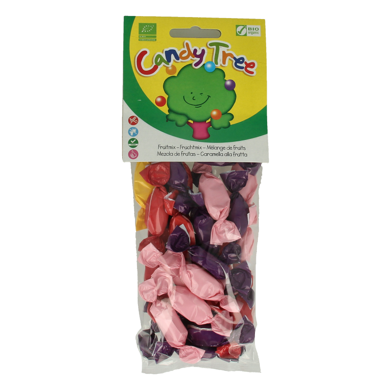 Candy Tree Zuurtjes fruitmix bio, 100g, colorful natural snoepgoed with assorted fruit-flavored candies in a clear bag.
