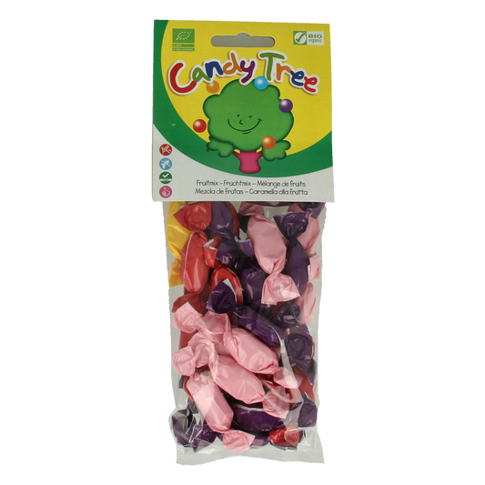 Candy Tree Zuurtjes fruitmix bio, 100g, colorful natural snoepgoed with assorted fruit-flavored candies in a clear bag.