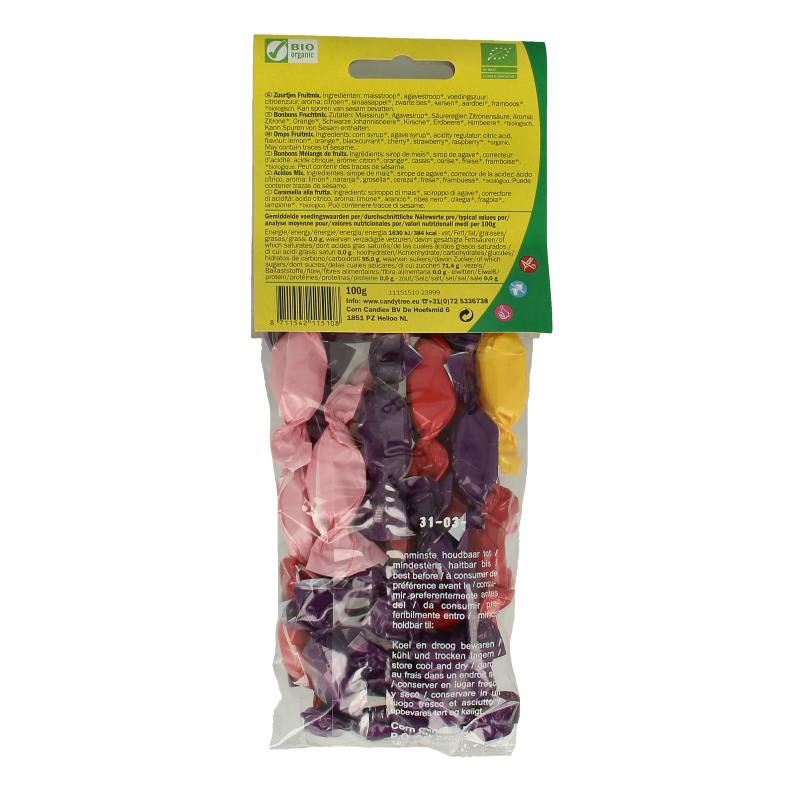 Candy Tree Zuurtjes fruitmix bio, 100g, organic snoepgoed with colorful fruit-flavored candy pieces in a clear bag.