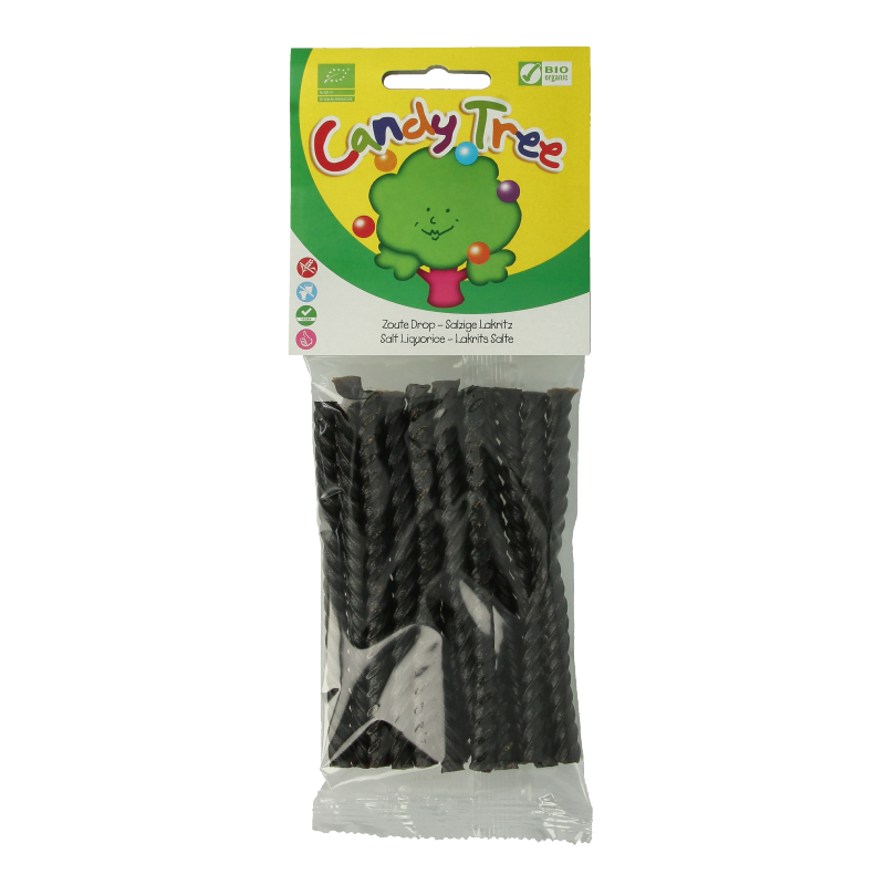 Candy Tree zout glutenvrij bio dropkabel snoepgoed in 100 gram package, showing colorful, chewy licorice candies on the wrapper.
