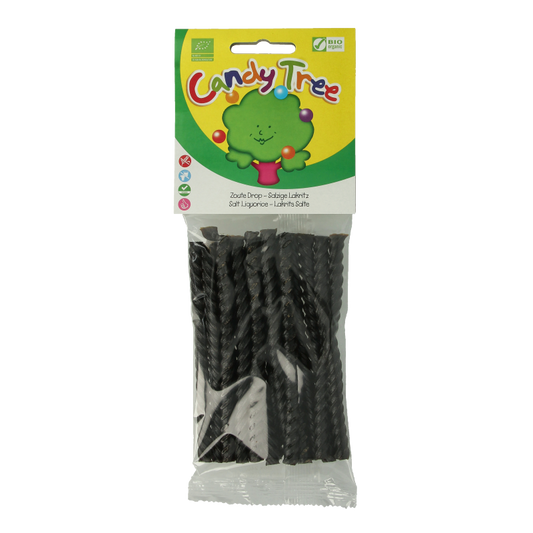 Candy Tree zout glutenvrij bio dropkabel snoepgoed in 100 gram package, showing colorful, chewy licorice candies on the wrapper.