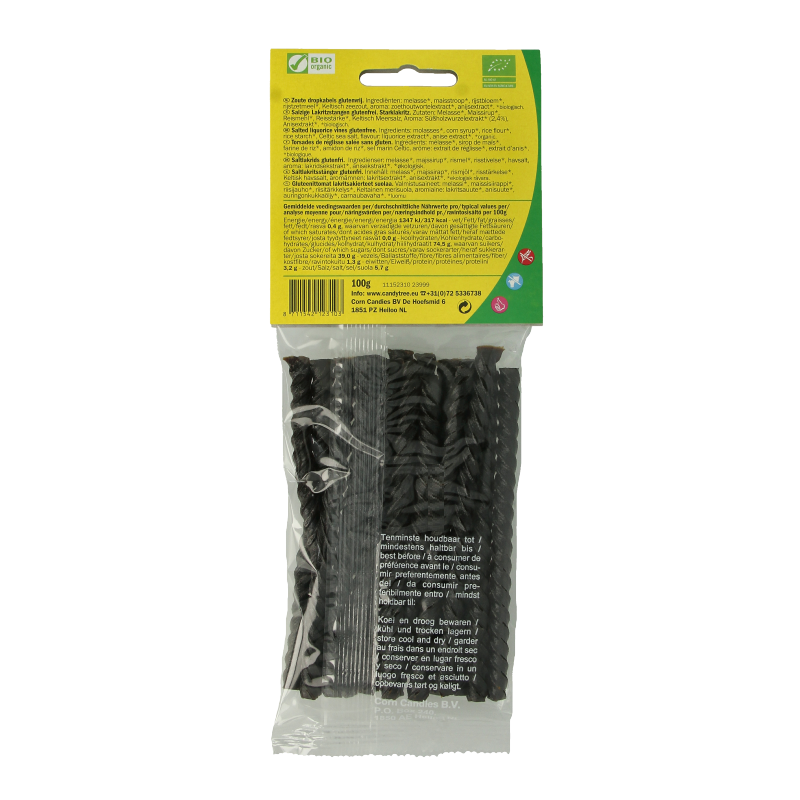 Gluten-free organic Candy Tree Dropkabel salt candy in 100g packaging, showing colorful twisted sugar strands.