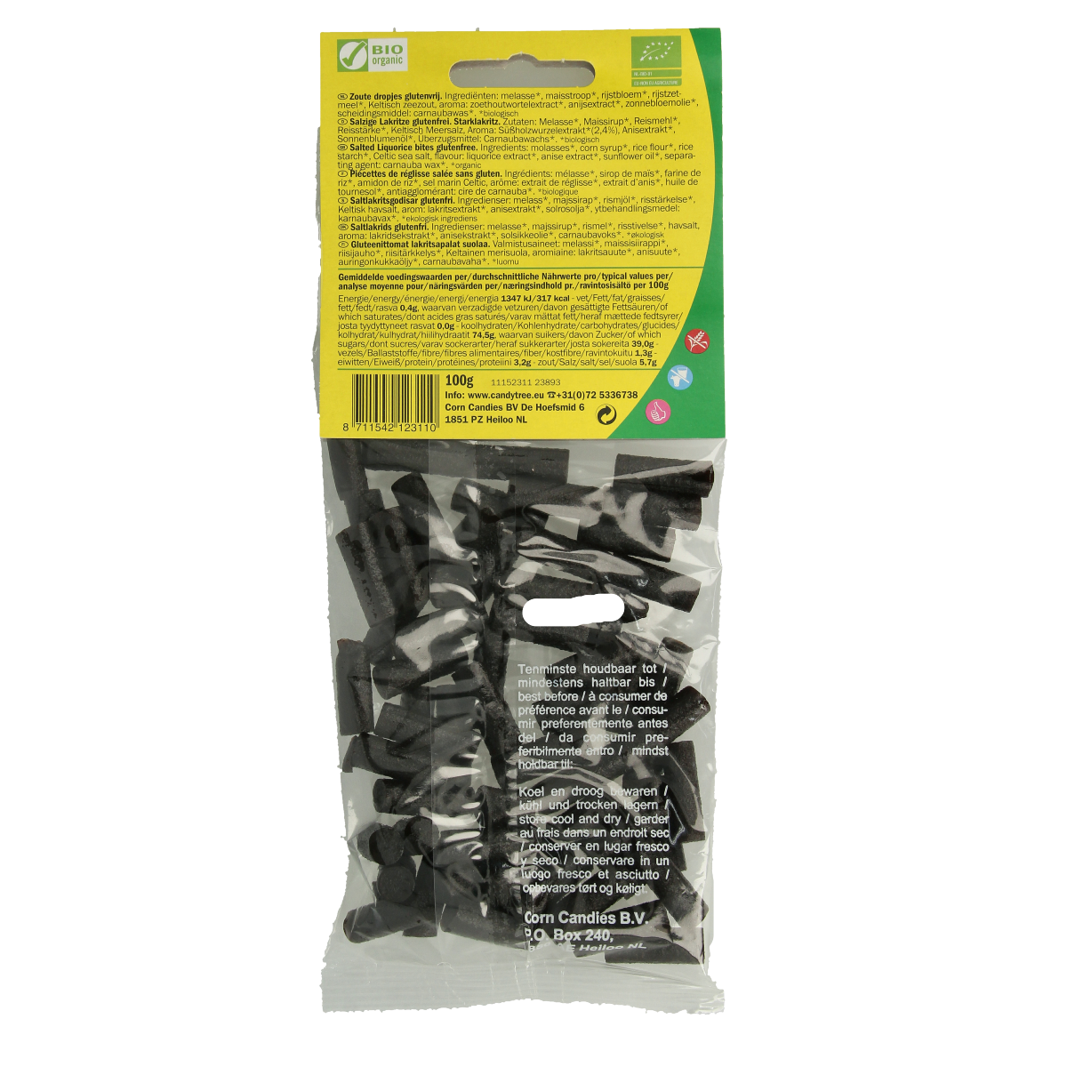 Candy Tree zout dropjes, glutenvrij bio snoepgoed in 100g package, soft salted licorice candies shown in the image.