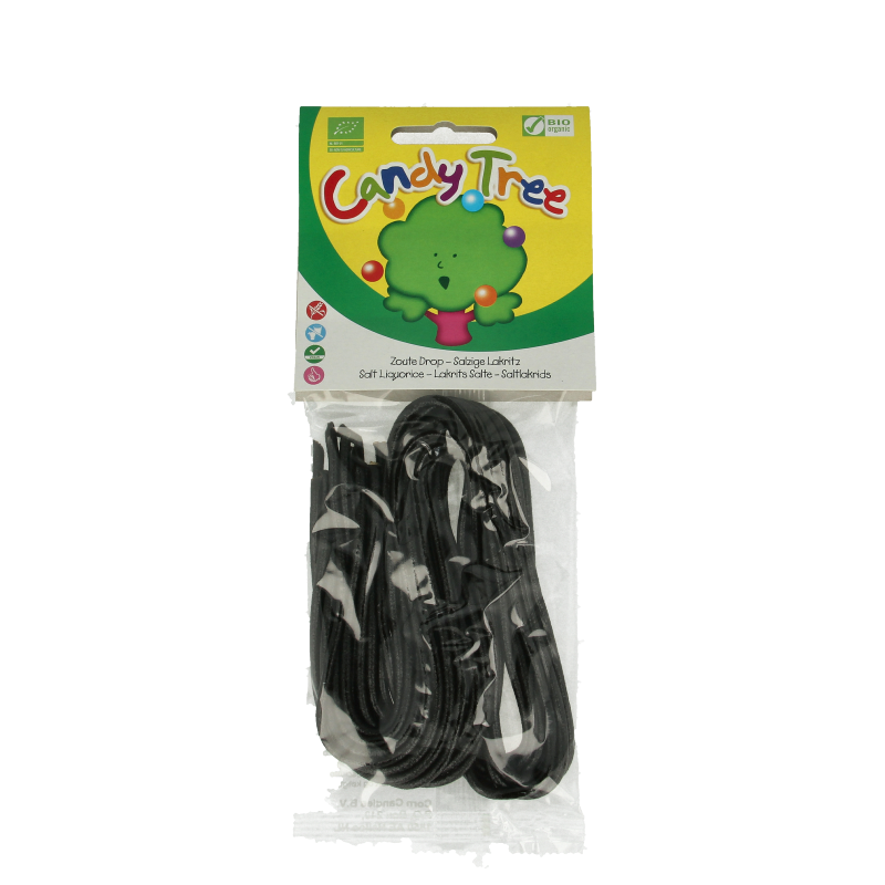 Candy Tree Dropveters zout glutenvrij bio, 100g, showing colorful gluten-free, organic licorice candies in a clear package.