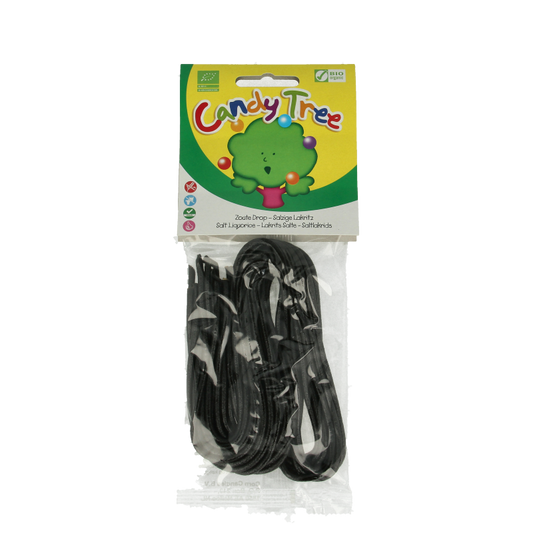 Candy Tree Dropveters zout glutenvrij bio, 100g, showing colorful gluten-free, organic licorice candies in a clear package.