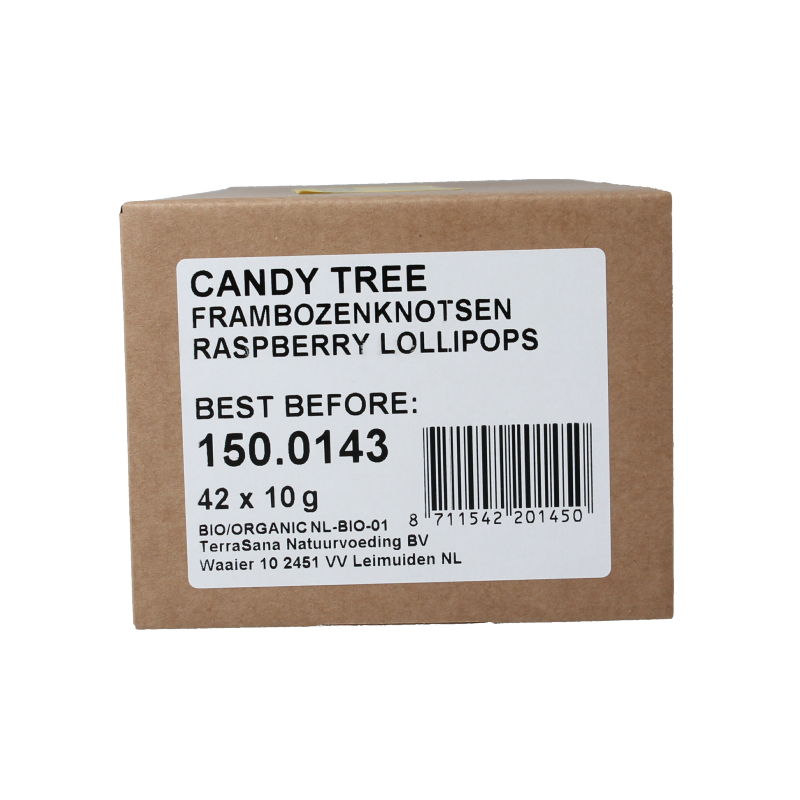 Candy Tree Frambozenknotsen bio snoepgoed in 42-stuks verpakking, showing colorful raspberry-flavored candy knots.