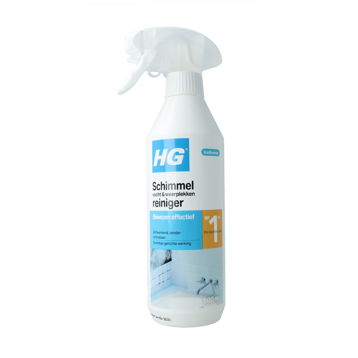 HG Schimmel vocht en weerplekken reiniger spray, 500ml, for removing mold and moisture stains from surfaces.