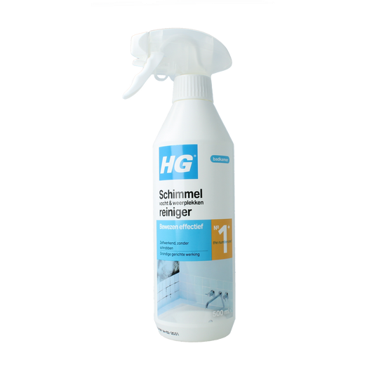 HG Schimmel vocht en weerplekken reiniger spray, 500ml, for removing mold and moisture stains from surfaces.