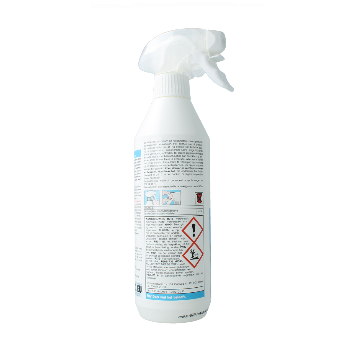 HG Schimmel vocht en weerplekken reiniger 500ml, a cleaning spray for mold and moisture stains, in a spray bottle with label.