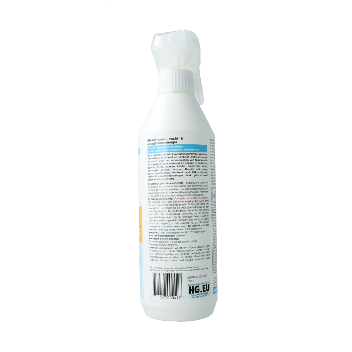 HG Schimmel vocht en weerplekken reiniger in 500ml spray bottle, effective mold and moisture stain cleaner for surfaces.
