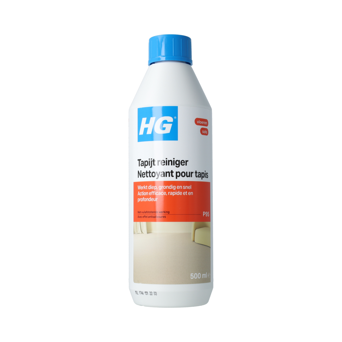 HG Tapijt Reiniger 95 cleaner bottle for deep carpet cleaning, featuring a 500ml container with a white and blue label.