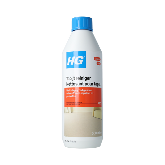 HG Tapijt Reiniger 95 cleaner bottle for deep carpet cleaning, featuring a 500ml container with a white and blue label.