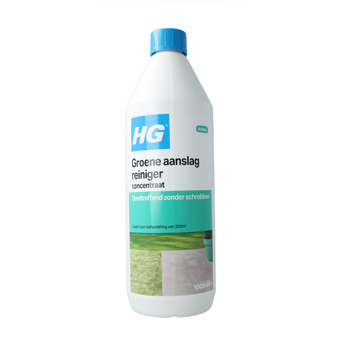 HG Groene aanslagreiniger 1 liter cleaning product for removing green algae and moss from outdoor surfaces.