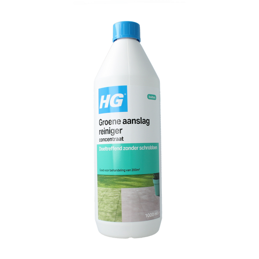 HG Groene aanslagreiniger 1 liter cleaning product for removing green algae and moss from outdoor surfaces.