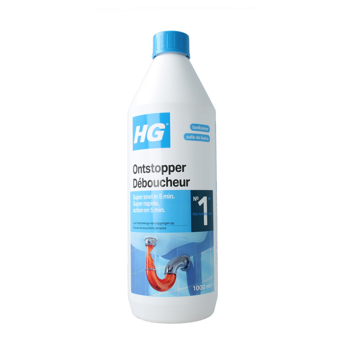 HG liquid drain unblocker 1 liter bottle, cleaning product for household drain cleaning, shown in the image with label and cap.