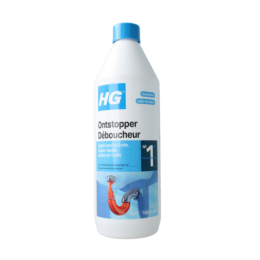 HG liquid drain unblocker 1 liter bottle, cleaning product for household drain cleaning, shown in the image with label and cap.