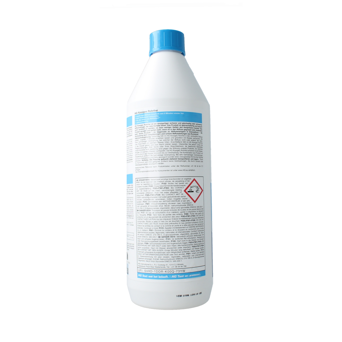 HG Vloeibare ontstopper in 1-liter bottle, a cleaning product for unclogging drains, with HG branding and clear label.