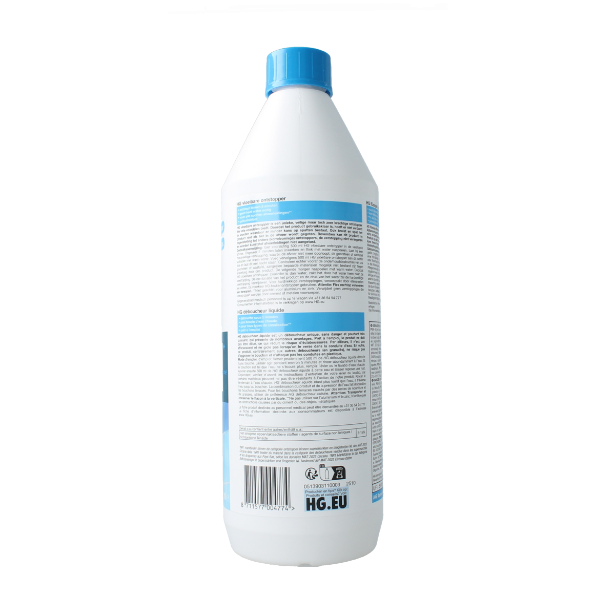 HG liquid drain unblocker 1 liter bottle, a cleaning product for unclogging drains, with a clear label and blue cap.