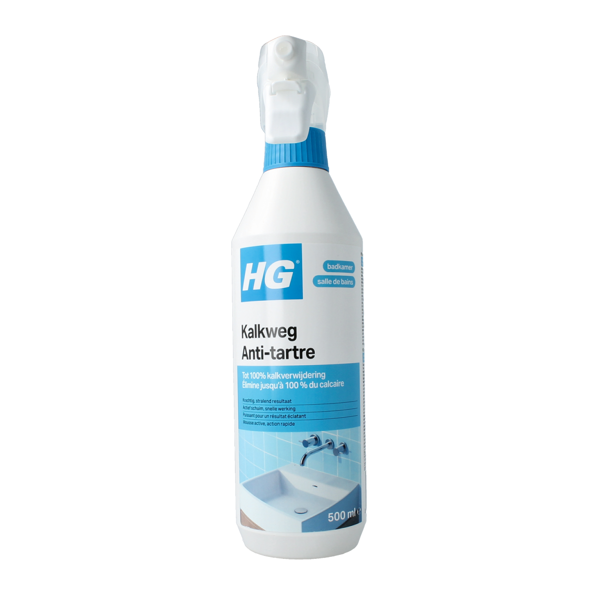 HG Kalkweg schuimspray 500ml cleaning foam spray in a white bottle with a spray nozzle for removing limescale and mineral deposits