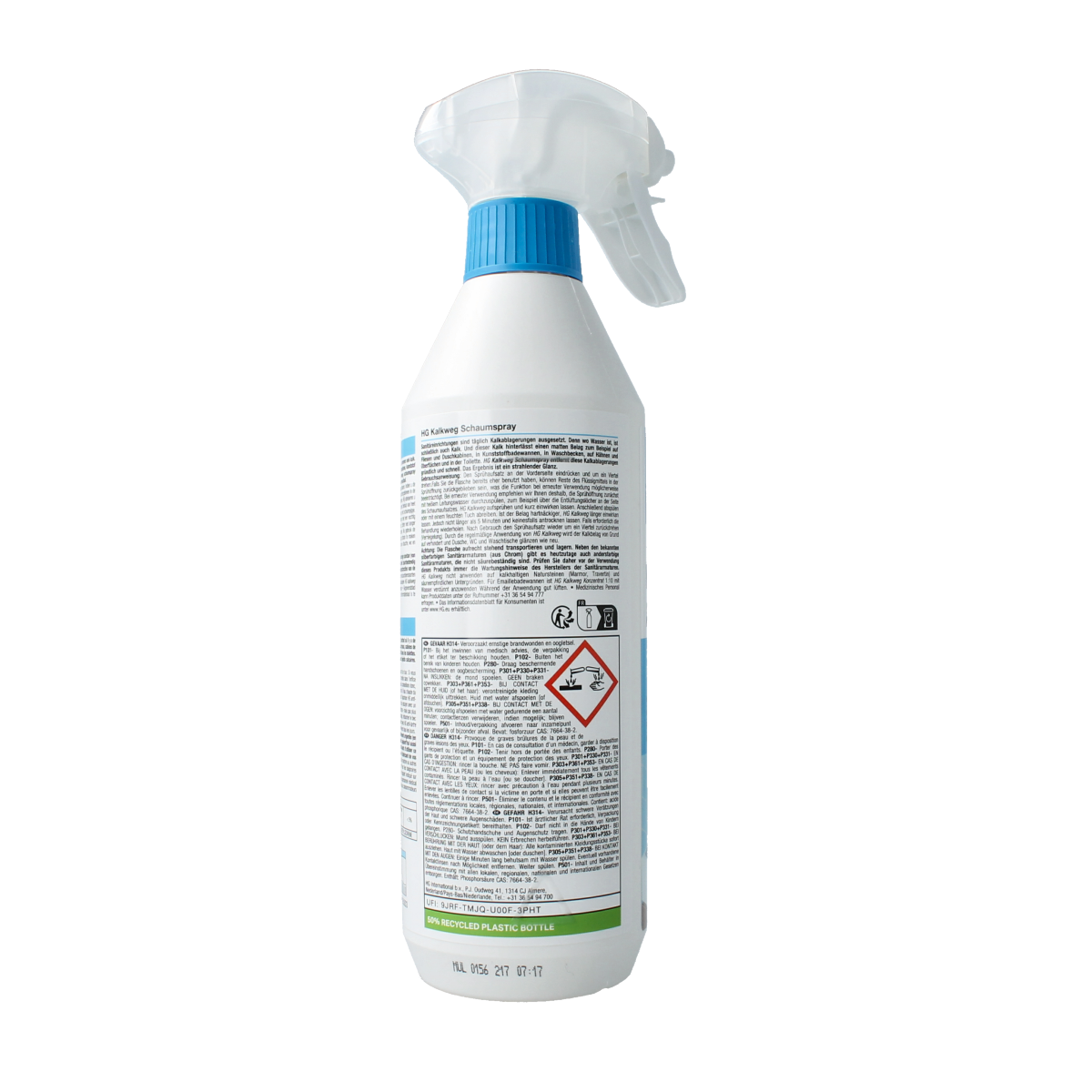 HG Kalkweg schuimspray cleaning foam in a 500ml bottle, used for removing limescale and mineral deposits from surfaces.