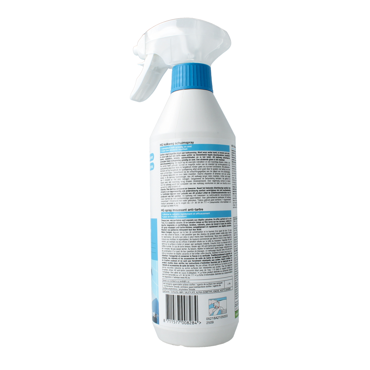 HG Kalkweg schuimspray cleaning foam in a 500ml bottle, designed for removing lime and calcium deposits from surfaces.