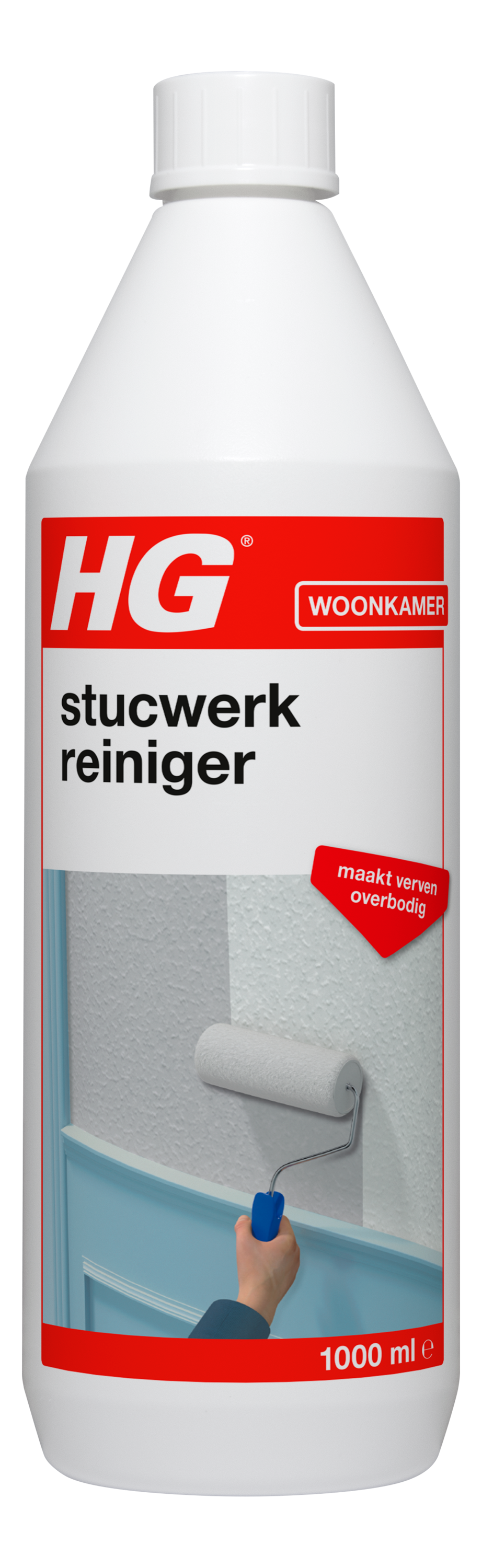 HG Stucwerk reiniger in 1-liter bottle, a cleaning product for wall and ceiling surfaces, with label detail visible.